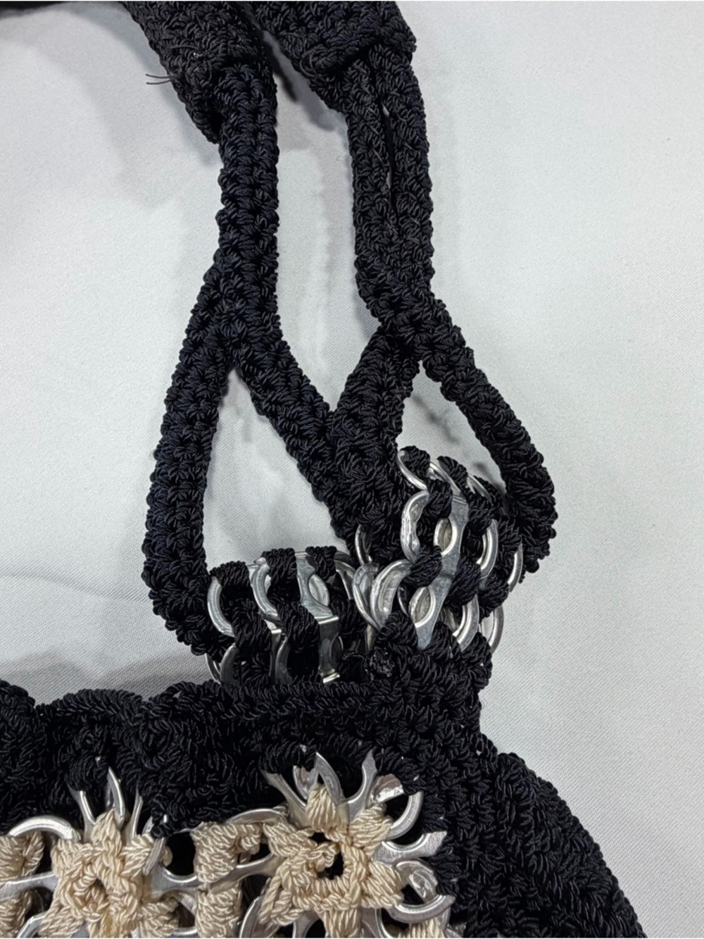 Upcycled Pop Soda Tab Crochet Shoulder Bag Black Cream Handmade Boho Festival - Picture 3 of 10
